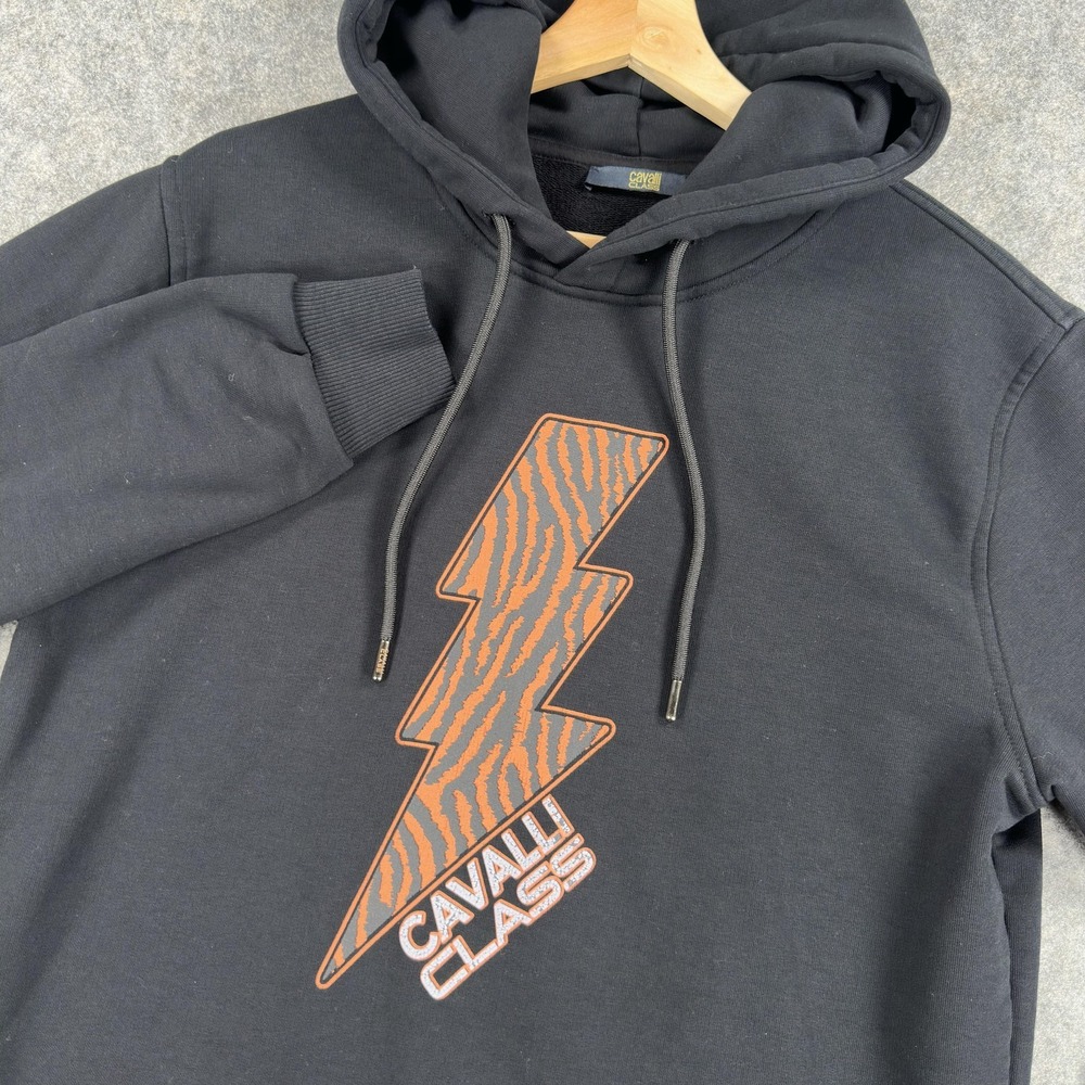 Cavalli Class Hoodie Mens Medium Black‎ Tiger Lightning Bolt Graphic Pullover